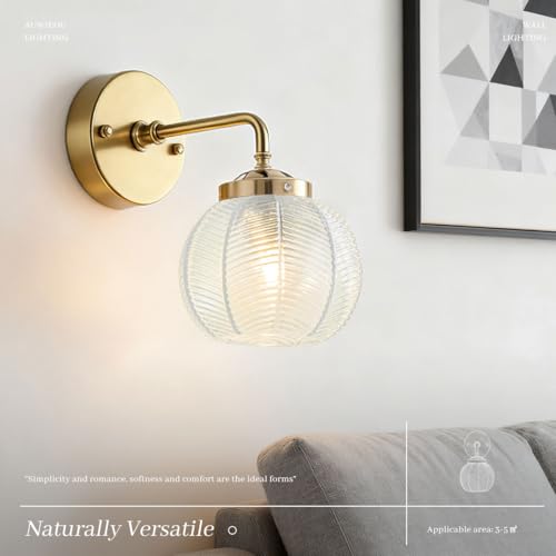 Image of Vintage wall sconces Glass Wall Sconces with Ribbed Clear Globe Glass Shade Gold wall Sconce Modern Vanity Light Bathroom wall sconces Over Mirro Wall lamp for Bedroom Hallway Living Room