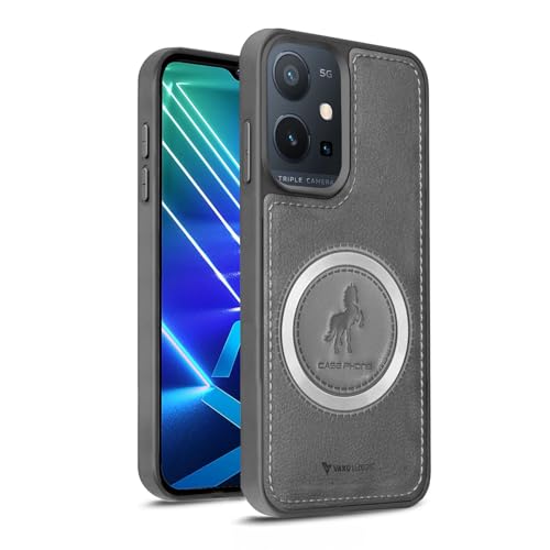 Image of Vaku Luxos Astrid Back Cover Case for Vivo Y75 5G Leather Stitched Magnetic Magsafe Wireless Charging TPU Phone Case Camera Screen Protector- Grey