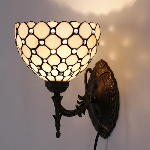 Image of Tiffany Wall Sconce Lamp Stained Glass 8X10.5X11 Inch Plug in Wall Bedside Light for Hallway Bedroom (Amber Bead Style)