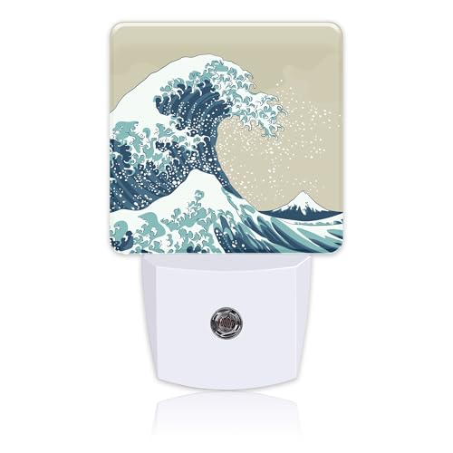 Image of Plug in Night Lights Japanese Great Wave Nightlight Plug Into Wall Dusk to Dawn Sensor LED Night Light for Kid Girls Boys Women Men Room Decor, Hallway, Kitchen, Bathroom, Nursery, Stairs