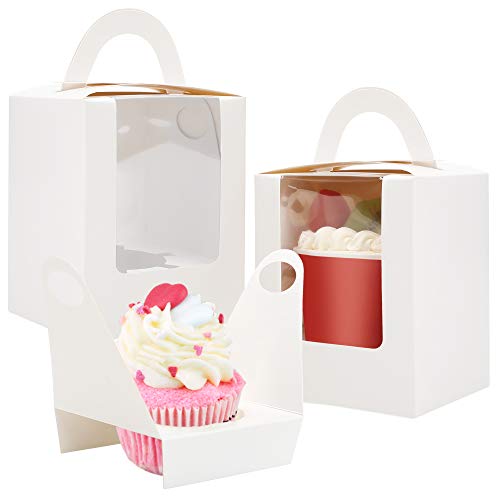 80 Pcs Individual Cupcakes Boxes, Farielyn-X Portable Single White Paper Cupcake Holder Containers Carrier, White Muffin Gift Boxes with Window Inserts Handle, for Wedding Birthday Party Candy Boxes