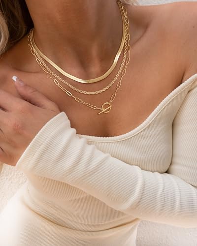 CHESKY Gold Layered Herringbone Necklaces for Women, Trendy 14K Gold Plated Paperclip Snake Chain Necklace Cuban Link Simple Chunky Toggle Clasp Necklace Set Fashion Jewelry3