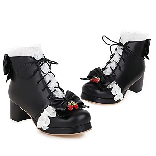 KysBloes Women Back Bow Ankle Boots Sweet Lace Up Chunky Heeled Booties Platform Cute Lace Winter Boots4