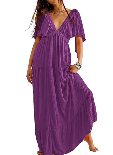 Image of Kikibell Women Summer Dresses Sexy V-Neck Maxi Dress Tiered Silhouette with Flutter Sleeve Backless Elastic Waist Flowy Dress