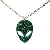 Big Green Alien Pendant Necklace, Big Eye Alien Glitter Outer Space Galaxy Jewelry, Gift for Space Cadet Rave Girls