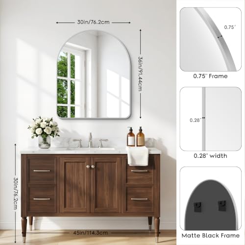 Image of BONEWEI Arched Wall Mirror,30x36 inch Silver Arched Mirror Bathroom,Vanity Mirror for Over Sink Metal Frame,Tempered Glass Arch Mirrors for Bedroom,Entryway,Living Room,Home Decor Shatter-Proof
