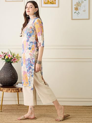 Image of Amazon Brand - Tavasya Women Pure Cotton Floral Print Straight Designer Kurta | Regular Wear | Mandarin-Neck | 3 /4th Sleeves