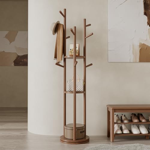 Muwuele Solid Wood Rotary Coat Rack, Freestanding Coat Rack with 3 Shelves and 9 Hooks, Coat tree for Bedroom, Entryway, Livingroom, Coat Hanger Stand for Coats, Scarves, Handbags (Walnut)