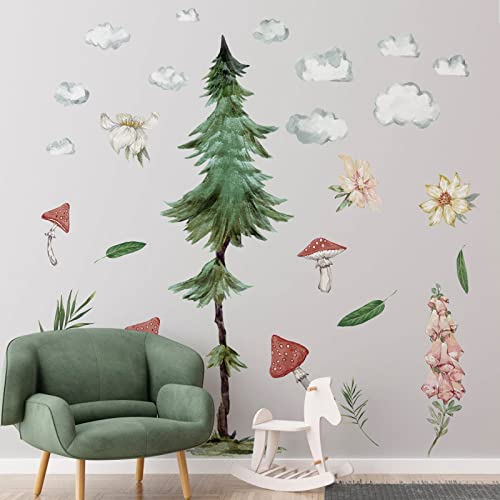 Image of Woodland Room Wall Decals Watercolor Green Tree Lawn Mushroom Stickers Removable Vinyl Decals for Kids Room Wall Decor Woodland Baby Nursery Wall Decal Peel and Stick