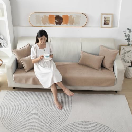 Image of HOKIPO Premium Chenille Anti Slip 3 Seater Sofa Mat, Sand Brown (NEW2-AR-5148-SBR)