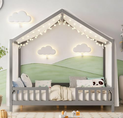 Image of Bellemave Full House BedFrame with Canopy, Montessori Floor Bed, House Bed with Rails for Kids, Gray