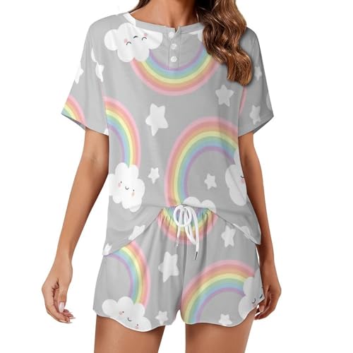 Pyjama femme manches courtes ensemble gris étoiles de nuages vêtements de nuit été