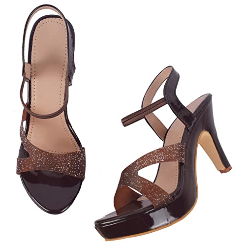 XE Looks Womens Brown High Heel Sandals | Stylish Glitter Strap Design | Open-Toe Party Heels | Comfortable Cushioning with Anti-Slip Sole Heel Sandals For Girls & Womens (B0B5RSCXQT) Amazon Price History, Amazon Price Tracker