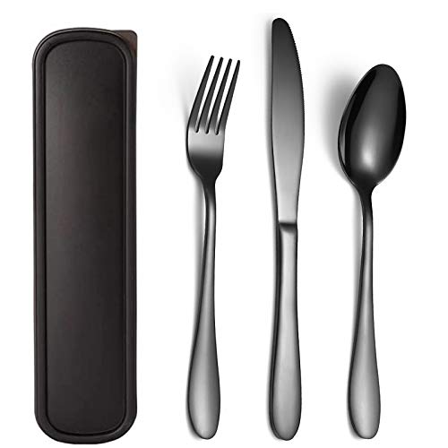 Portable Flatware Set ,Reusable Utensils with Case 3 Piece Stainless Steel (Knife, Fork, Spoon)Reusable Utensils,Travel Silverware Set,Camping utensils,Camping kit for Lunch Box (1010 Black)