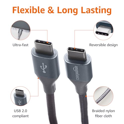 Image of Amazon Basics Nylon Braided USB-C to USB-C 2.0 Fast Charger Cable, 60W, 480Mbps Speed, USB-IF Certified, for Apple iPhone 16 /15, iPad, Samsung Galaxy, Tablets, Laptops, 10 Foot, Dark Gray