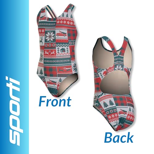 Image of Sporti Wide Strap Girls' Athletic One-Piece Swimsuit - Printed Pattern Competitive Bathing Suit, Racerback Style for Girls