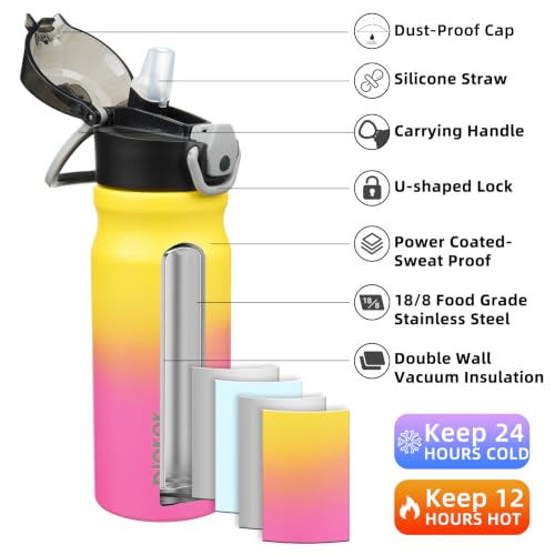 Image of BJPKPK 18 oz Water Bottle with Straw & Handle, Insulated Stainless Flask | Leak Proof Locking Lid, Thermal, Double Wall Vacuum, Keeps Hot /Cold, BPA Free, Dishwasher Safe, Travel & Sports, Rainbow