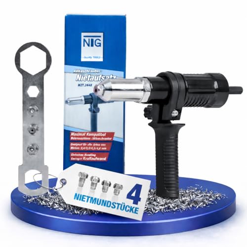 NTG Nietaufsatz für Akkuschrauber und Bohrmaschinen, Blindnietadapter, Nietenzangen, zum Nieten von Blindnieten, für Nieten von 2,4-4,8 mm