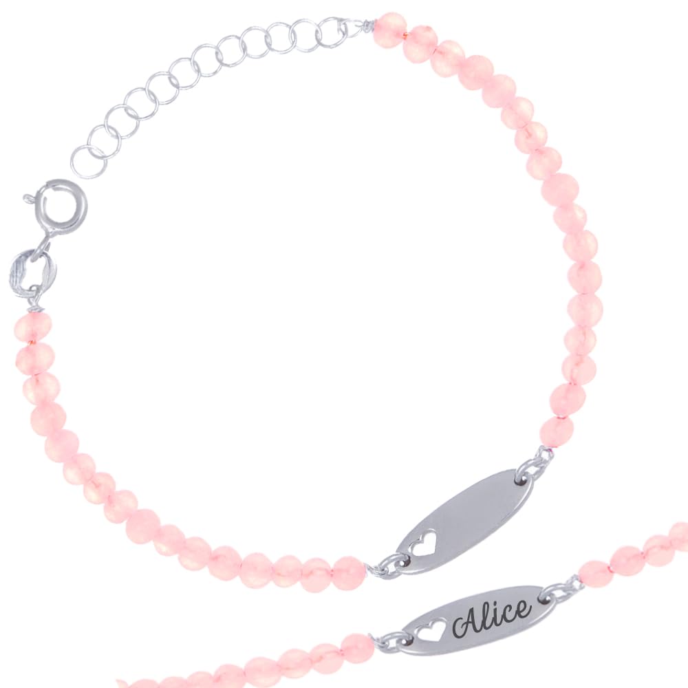 Sakrami Bracciale in Argento 925 + Perline di Quarzo Rosa Naturale + Piastrina Personalizzabile con Incisione Nome + Idea Regalo per Bambina per Battesimo, Comunione e Compleanno