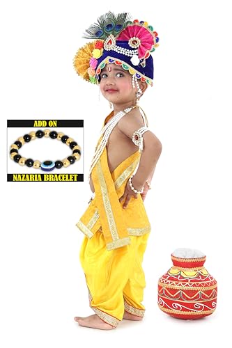 Image of Krishna Dress for Kids, Baby Krishna Dress for Janmashtami with Krishna Mukut, Peacock Feather & Flute Embroidered Krishna Costume for Girl & Boy, 3 Months-8 Years