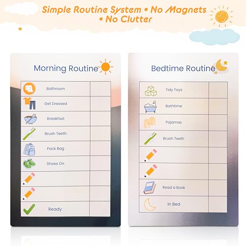 Image of Dry Erase Morning & Bedtime Routine Chart for Kids - 2 Large 11x17in Laminated Chart Set - Simple Routine System, No Magnets or Pieces, Calm, Clutter-Free Daily Routine System