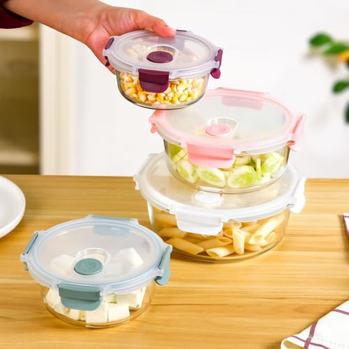 Image of Nestasia Round Stackable Glass Container with Lid Set of 4 (390ml, 630ml, 960ml, 1.4L) - Airtight Food Container with Air Vent for Kitchen | Dishwasher & Microwave Safe Container for Fridge Storage