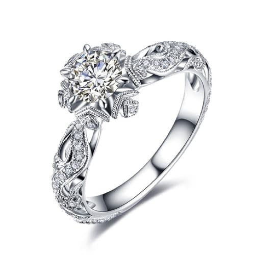 Fashion Jewelry Hollow Flowers Starry Mosang Diamond Zircon Inlay Engagement Ring Simulation S925 Sterling Silver CZ1 Carat Diamond Wedding Finger for Women(Silver-AG-US Code-8)