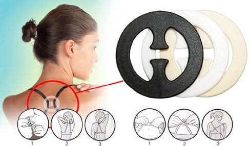 Pair of round BRA CLIPs to hold bra straps in racer style. One each: black, clear