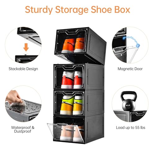 Image of Stebopum 12 Pack Shoe Boxes Organizer, Magnetic Door Shoe Storage Boxes, Clear Sneaker Storage Box for Women /Men, Fit up to US Size 12