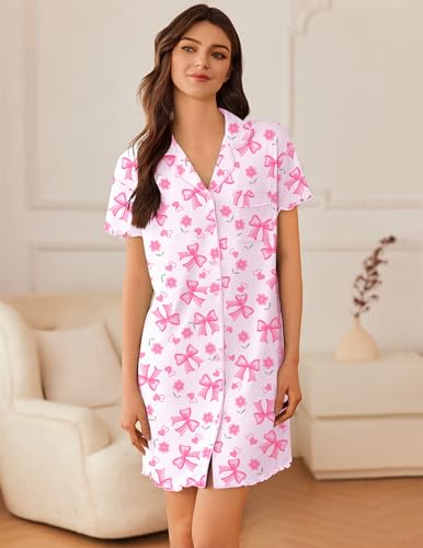 Image of Ekouaer Nightgowns for Women Button Down Sleep Shirt Short Sleeve NightShirts Boyfriend Sleepdress Soft Pajama Dress