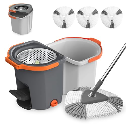 Wischmopp Set mit Eimer, Bodenwischer mit Auswringfunktion, faltbarem Putzeimer mit Fußpresse und 2‑Kammer, Wischeimer Komplettset mit 3 Mikrofaser-Pads für Laminat, Parkett & Fliesen (Dunkelgrau) Wischmopp Set mit Eimer, Bodenwischer mit Auswringfunktion, faltbarem Putzeimer mit Fußpresse und 2‑Kammer, Wischeimer Komplettset mit 3 Mikrofaser-Pads für Laminat, Parkett & Fliesen (Dunkelgrau)