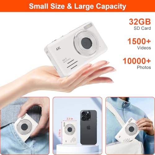 Appareil photo numérique compact 4K 64 MP, écran LCD de 7,3 cm, zoom numérique 18x avec support, rechargeable, portable, tout-en-un pour enfants/adolescents/débutants, blanc – Image 6
