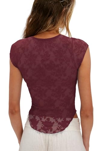 ReachMe Short Sleeve Mesh Top Women Sheer Lace Tops Cap Sleeve See Through Tops Summer Sexy Fitted Slim Fit Shirts3