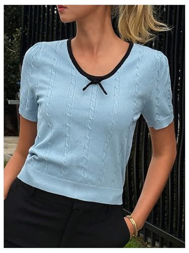 SOLY HUX Women's Short Sleeve Sweater Bow V Neck Knit Summer Casual Going Out Tops4