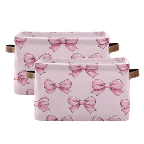 PaChyLuu Pink Bows Storage Basket Bin Canvas Fabric Organizer Toys Basket with Handles for Home Office Nursery, Clothes, Gifts, 2 Pcs
