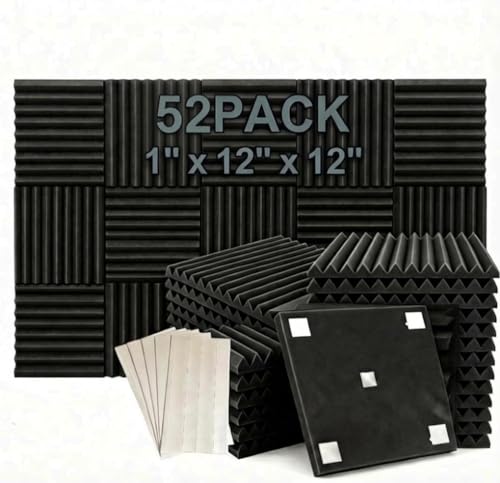 52 Pack 12 "X 12 "X1" Acoustic Panels Studio Soundproofing Foam Wedge Tiles(Accompanied By Double-Sided Adhesive Tape) (52BLACK)