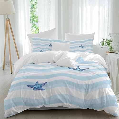 Qklasnbdtg Blue White Striped Duvet Cover Queen Size, 3-Piece Bedding
