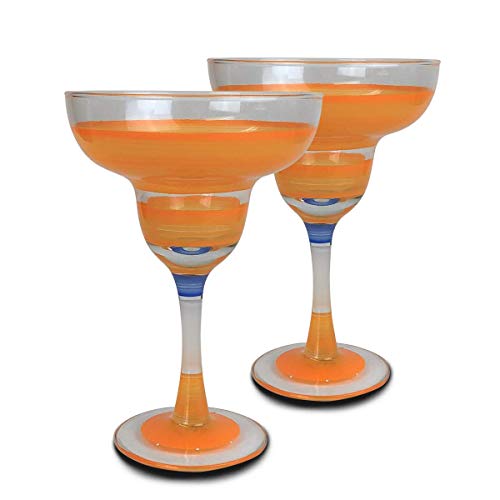 Set of 2 Orange Retro Stripe Hand Painted Margarita Drinking Glasses - 12 Ounces