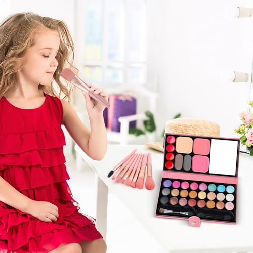 Kinderschminke Set Mädchen, Make-up-Set für Kinder, 33 Farben, Kinder Lidschatten mit 8 Pinsel, Kosmetik Spielzeug Geschenk für Bühne, Halloween, Party, Geburtstag A