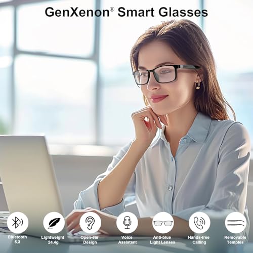 Image of GenXenon Smart Glasses for Men Women, Blue Light Blocking Bluetooth Glasses with Removable Temples, Remote Shooting, Open-Ear Design, 24.4g Music Eyewear for Driving /Working /Gaming