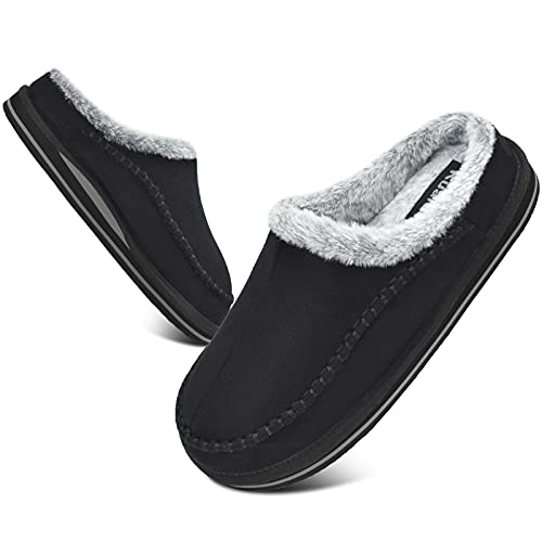 Kuailu Mens Memory Foam Clog Slippers Comfy Handmade Stitch Microsuede Slip-On House Shoes With Arch Support Warm Faux Fur Lined Rubber Sole Indoor Outdoor Black Size 14 #TOP4