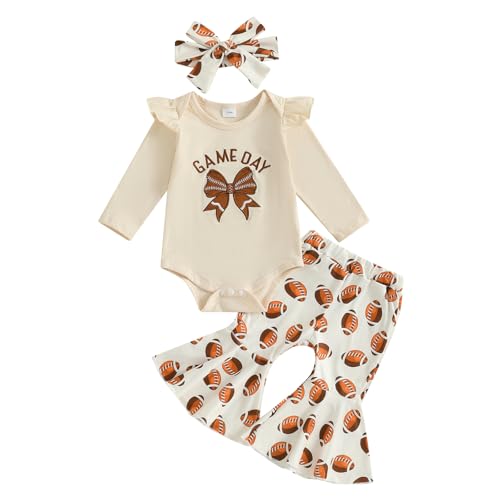 KMBANGI My First Football Season Baby Girl Clothes Ruffle Sleeves Bow Embroidered Romper Flare Pants Infant Game Day Outfit