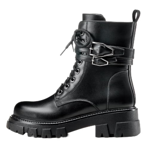 Image of Black Combat Boots Women Purple Boots for Women Rave Boots Beige Gunmetal Cute Shoes Buckle Lug Sole