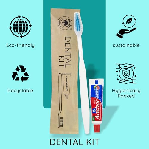 Image of Old Tree Hotel Dental Kit in Bio-Degradable Kraft Paper Pouches - (Pack of 100) - Includes 1 Manual Toothbrush & 8g Toothpaste | Eco-Friendly | Guest Amenities for Hotels, Guest Room Amenities Resorts, Guest Houses