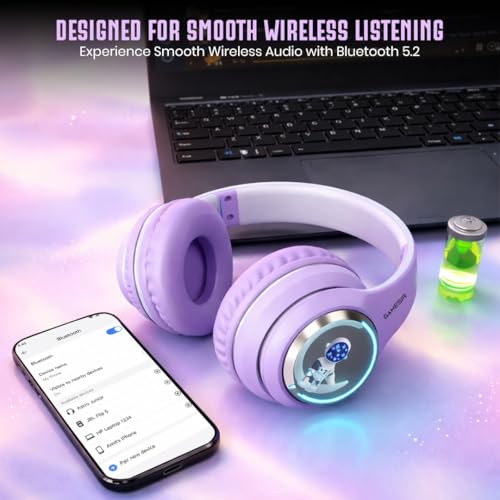 Image of GameSir Astro Junior Wireless Headphones with 40mm Drivers, Deep Bass Stereo Sound, Bluetooth 5.3, Over-Ear Noise Isolation Headset with LED Light, Built-in Mic for PC, Mobile & Laptop (Purple)