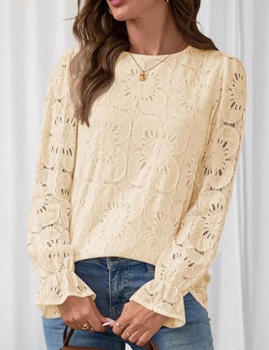 LOMON Lace Long Sleeve Tops for Women Fashion 2025 Eyelet Blouses Dressy Casual Crewneck Embroidered Shirts with Lining4