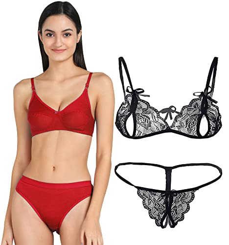 Image of PIBU-Net Bra Panty Set Lingerie Set Full Coverage Non-Padded Non-Wired Honeymoon Set(Pack of 2)(Color -Red,Black) Model No:122