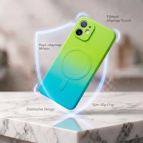Image of amazon basics Gradient Mag-Safe Case for iPhone 11 | Soft Silicone Shockproof Cover with Camera Protection | Slim Lightweight Design | Smooth Touch & Durable - Green & Blue