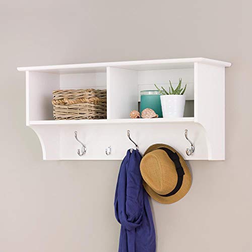 White 3 Ft Entry Hall Shelf with 2 Cubby and 5 Hook Coat Rack. A Wall Mount Storage Hat Rack Makes a Convenient Space Saver That Keeps Your Entryway Organized. Use a Hanging Entryway Shelf to Reduce Clutter.