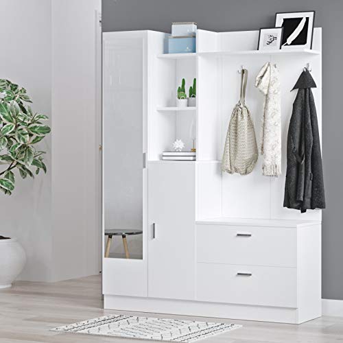 Yurupa Garderobe Komplett Set Flurgarderobe,Kompaktgarderobe,Dielengarderobe,Schrank,Schuhschrank,mit Spiegeltür und 4 Kleiderhaken,DD5-W Cover